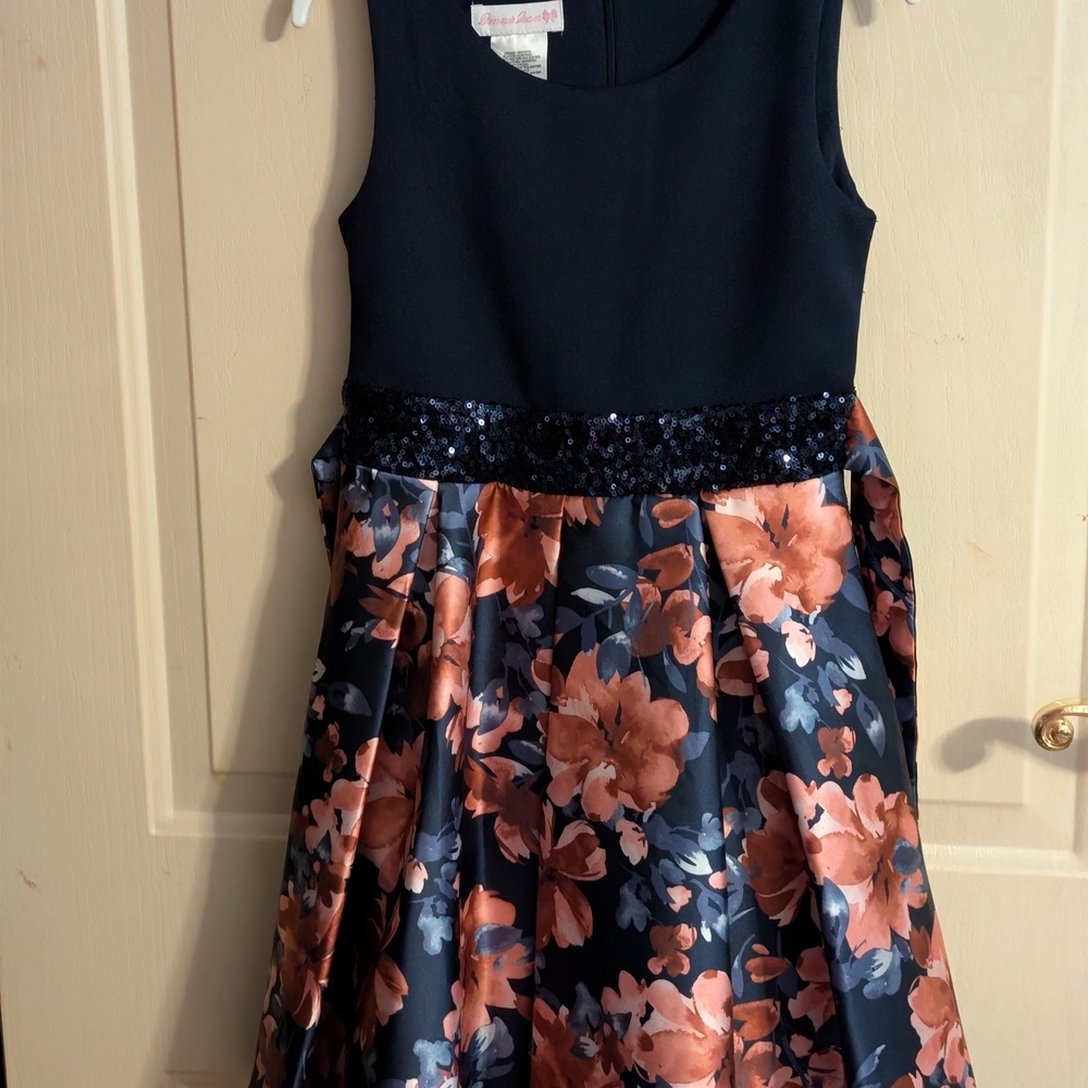 Bonnie Jean Navy and Coral Floral Satin Dress